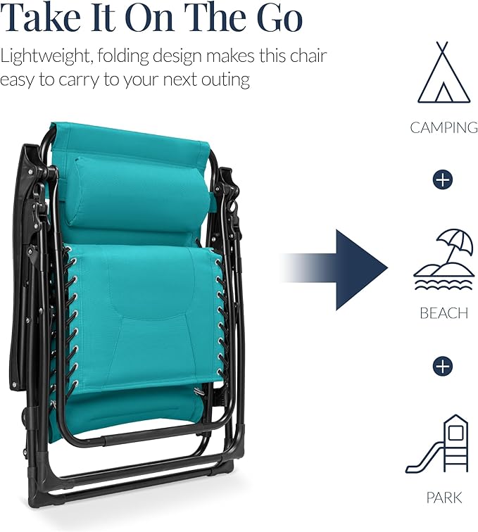 Best Choice Products Oversized Padded Zero Gravity Chair, Folding Outdoor Patio Recliner, XL Anti Gravity Lounger for Backyard w/Headrest, Cup Holder, Side Tray, Polyester Mesh - Peacock Blue