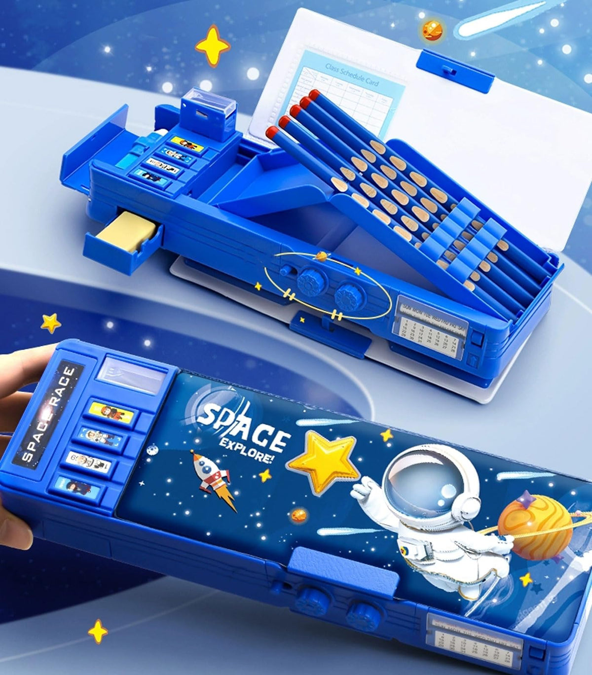 Pop up Multifunction Pencil Case for Kids Unique Stationery Set School Supplies Astronaut Pen Box for School Students Cute Pencil box for Boys with Sharpener Password Lock Schedule Whiteboard(Blue）