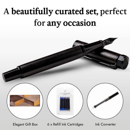 Ellington Pens Luxury Wood Fountain Pen Set – Fine Nib - Includes 6 Ink Cartridges, Wooden Pen Gift Box, Ink Converter - Wood Pen For Writing, Calligraphy, Journaling, Drawing (Ebon Elegance)