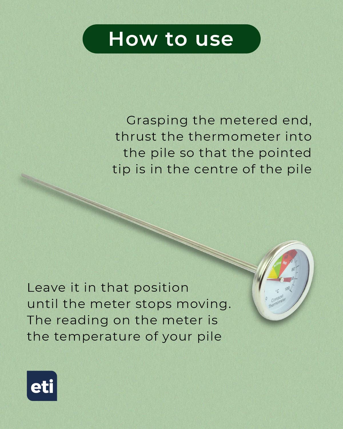 Compost Thermometer - Stainless Steel Probe - Colour Coded Temperature Guide - 50mm Dial and 500mm Stem - Home Gardening Tool