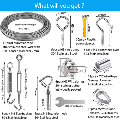 30M Garden Wire For Climbing Plants, AMLOOPH Picture Wire Heavy Duty Decking Rope Stainless Steel Cable Wire 2MM Fence Wire Rope Clips Turnbuckle Wire Tensioner For String Lights Hanging Kit(48pcs)