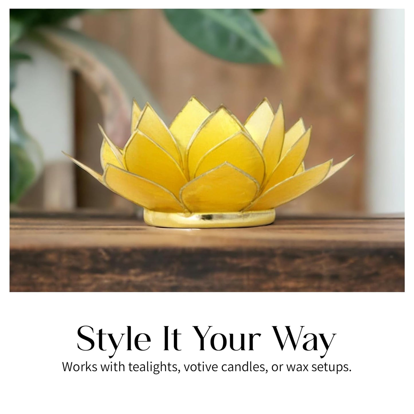 Om Gallery Gemstone Lotus Tealight Holder - Handcrafted Capiz Shell Design for Soft Glow, Elegant Home & Table Decor, Wedding Centerpieces, Votive Candle Styling, and Thoughtful Gifting - Citrine