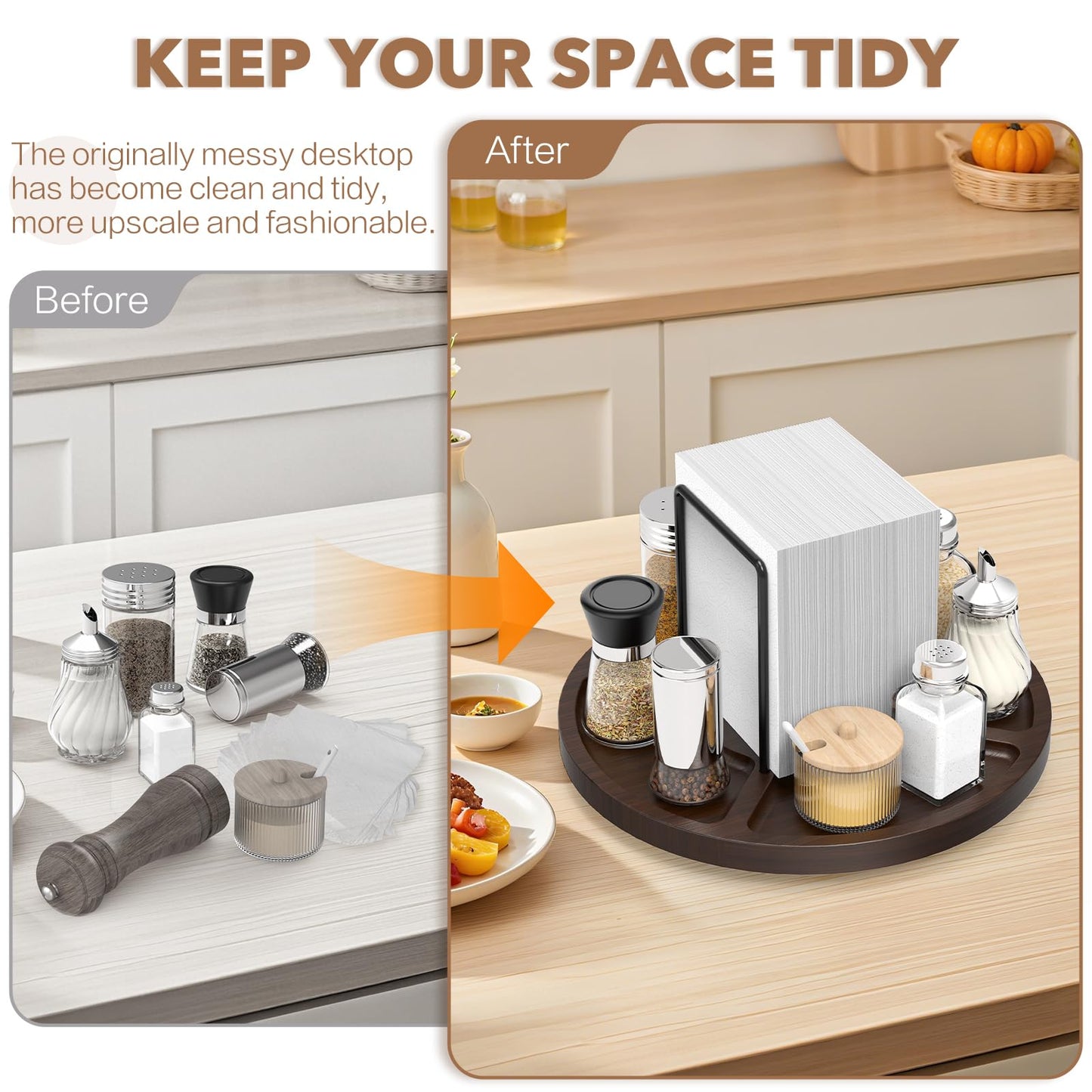 FODIENS Napkin Holder for Table, Rotating Napkin Dispenser with Salt and Pepper Shakers Storage, Standing Paper Napkin Organizer for Kitchen Dining Table Decor (1, Brown Round)