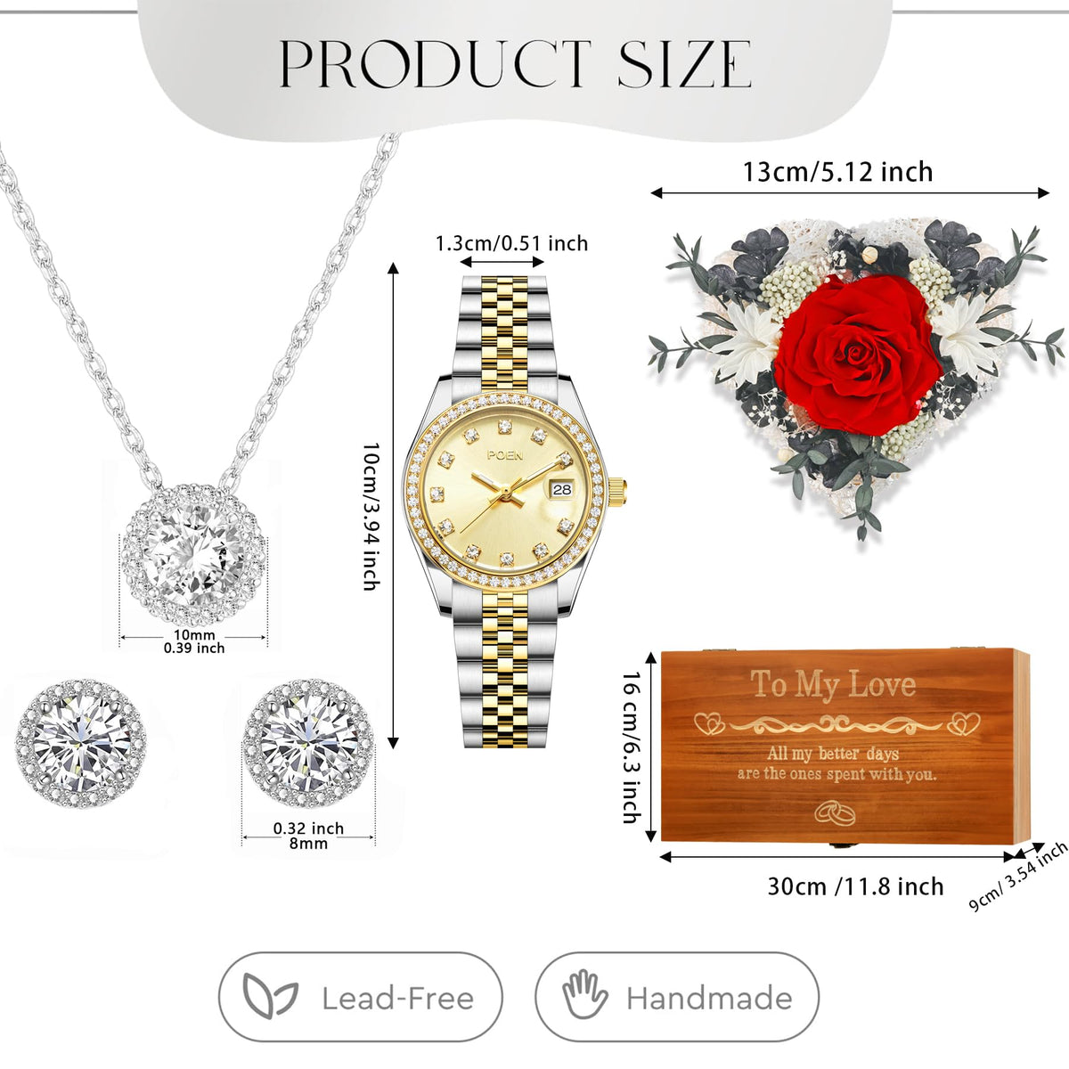 Birthday Gifts for Women-Preserved Roses Jewelry Set 925 Sterling Silver Necklace Earrings,Watches for Women,Wooden Jewelry Organizer-Mother’s Day, Anniversary,Thanksgiving,Christmas,Graduation Gifts (interior and LOVE words)