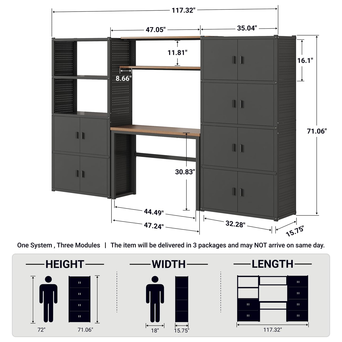FLEXIMOUNTS Garage Storage Cabinet System, 3-in-1 Modular Metal Tool Cabinet w/ Workbench and Metal Board Shelf Includes Pegboard, 24-Gauge Steel, 117"(L) w/ 6 Doors, Black, FLEXIMOD Series