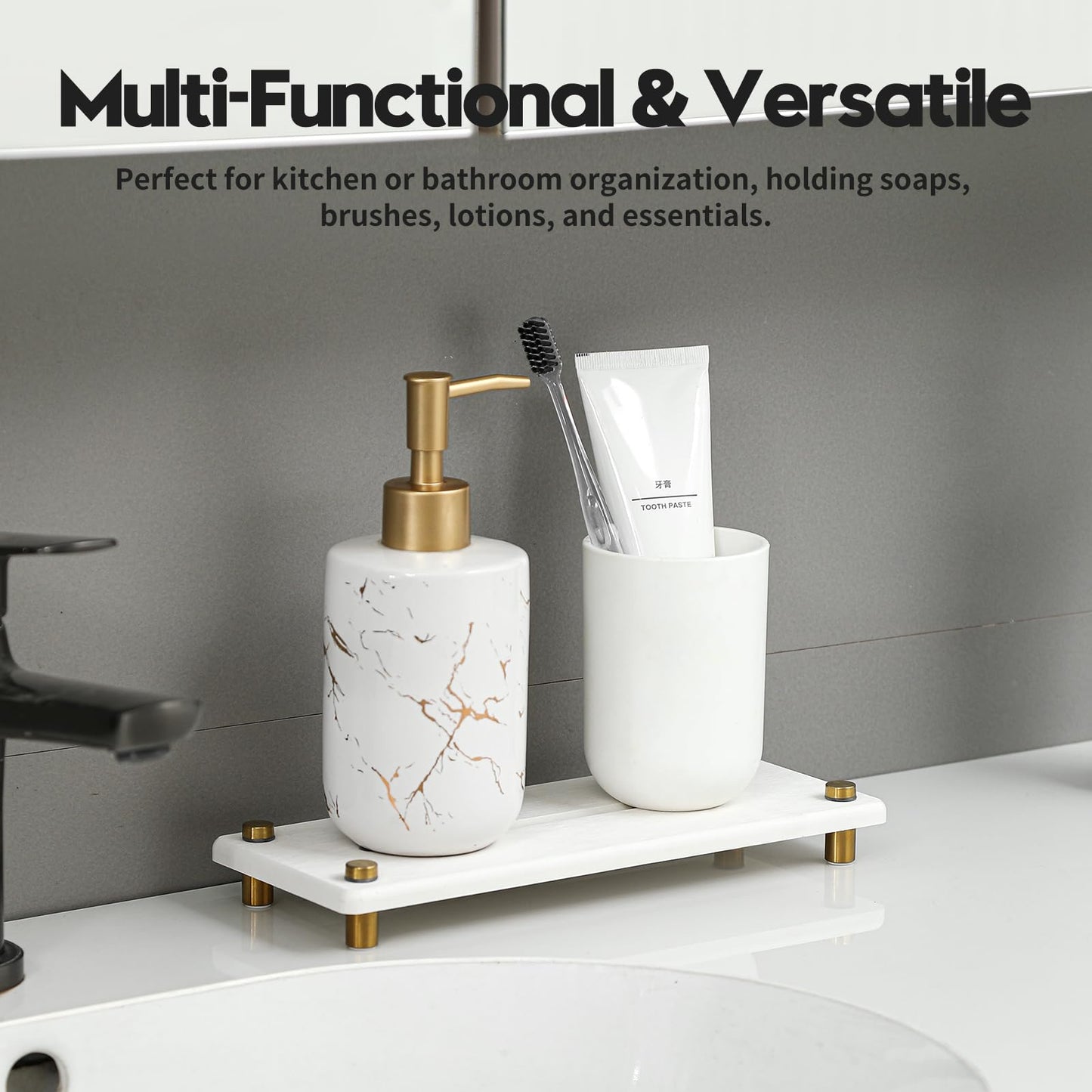 Razborci Water Absorbing Stone Sink Caddy Kitchen Sink Organizer Tray, Diatomite Bathroom Counter Tray, Gold Faucet Drying Mat Coaster Soap Dish Rack Riser Dispenser Sponge Holder, White 10" x 4"