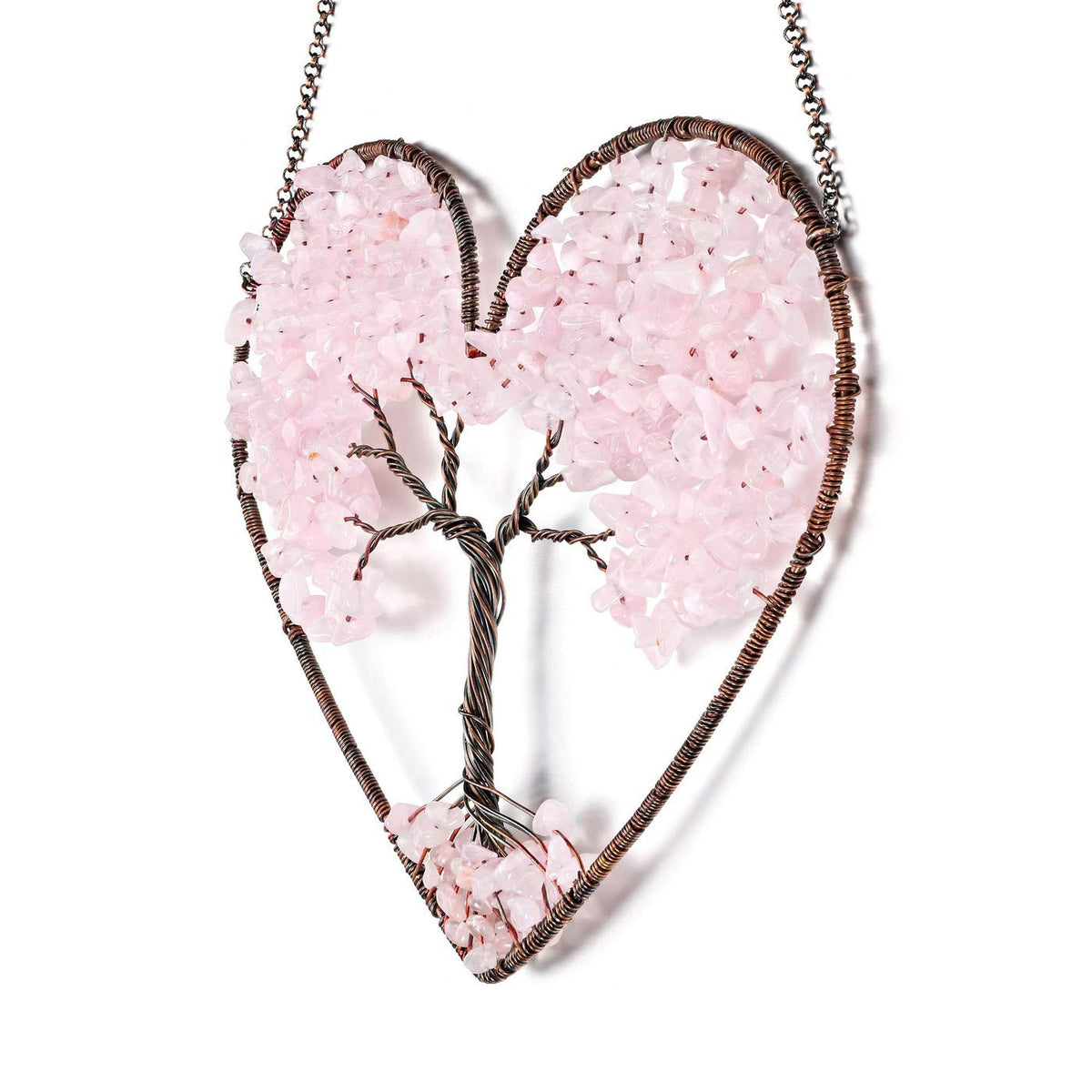 PESOENTH Rose Quartz Crystal Tree of Life Heart Wall Hanging Decor Gifts for Women,Bohemian Pink Healing Crystals Reiki Stones Ornaments Spiritual Gifts Christmas Tree Home Hanging Decorations