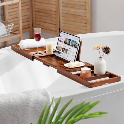 Teak Bathtub Tray for Tub, Expandable Bath Tray 28–40in, Foldable Bathtub Caddy with Wine Glass Holder, Phone & Book Stand, Wooden Bath Tray Organizer, Luxury Bathroom Accessories Gift - Light Walnut