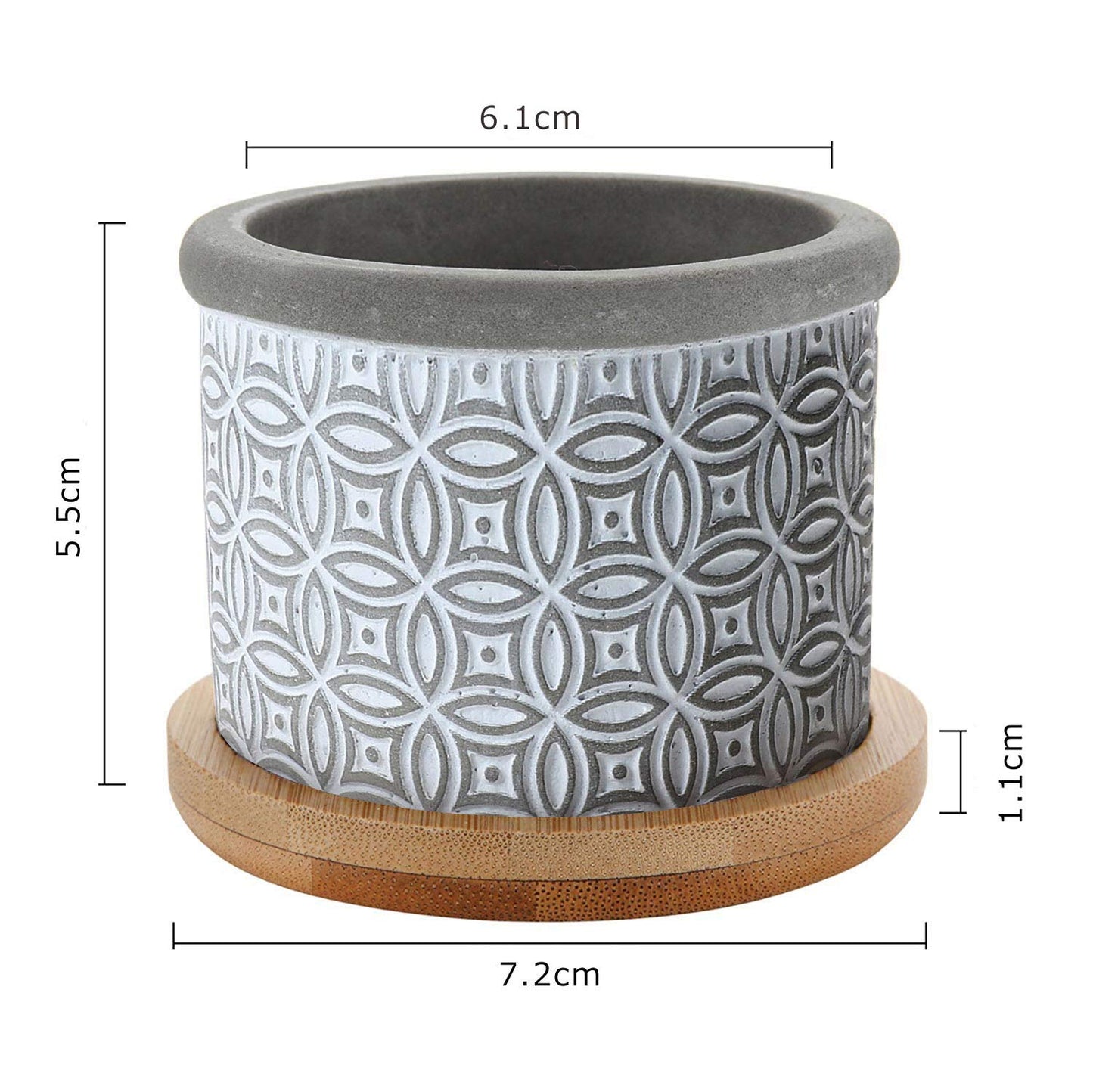 T4U 6CM Cement Succulent Pots with Bamboo Tray 3-Set, Concrete Cactus Pots Small Cacti Planter Grey Gardening Plant Pot Container for Home and Office Decoration Birthday Wedding