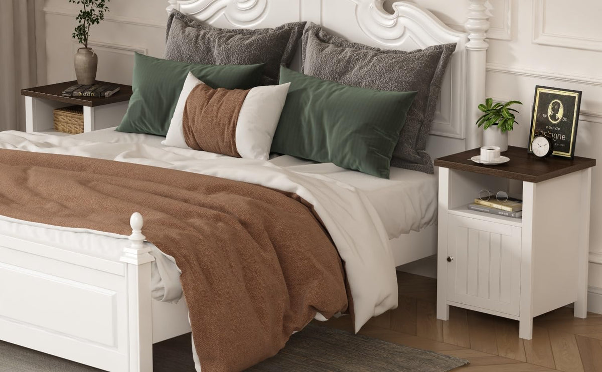 ChooChoo Farmhouse Nightstands Set of 2, Wooden Night Stand with Storage and Open Shelf, Rustic End Table Set of 2 for Bedroom, White & Brown