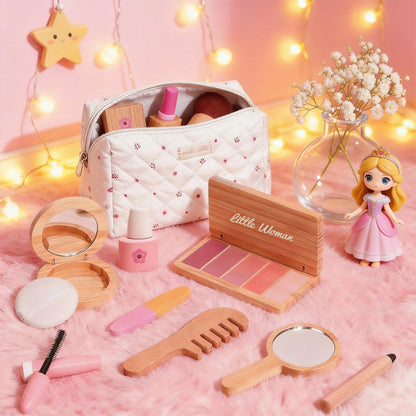 Treasdamic Wooden Makeup Toy Set for Girls - Pretend Play Makeup Kit for Toddlers 3-5 with Eyeshadow/ Mascara/ Perfume/ Blush/ Mirror/ Bag, Birthday Gifts for Girls Toys Kids Aged 3 4 5 6 7 8