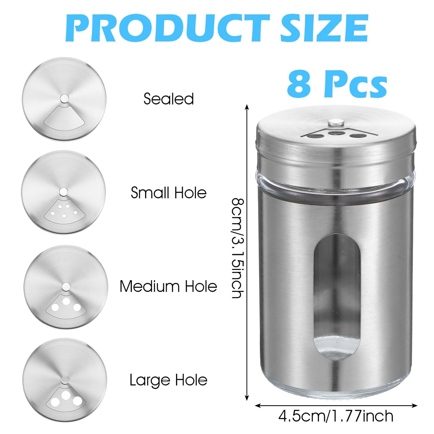 8 Pcs Premium Stainless Steel Salt and Pepper Shakers Set – Salt and Pepper Shakers,Stainless Steel Shaker for Salt Powder Sugar Cinnamon Pepper, Spice Dispenser with Adjustable Pour Holes, Silver
