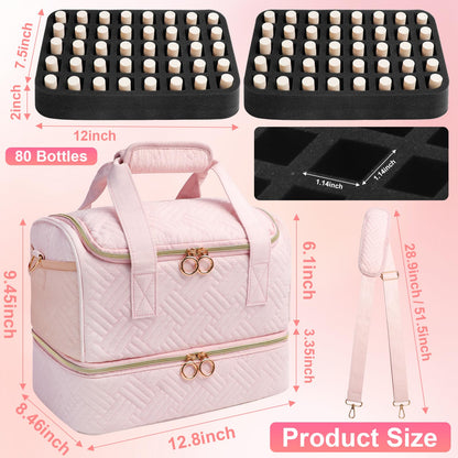 Veirdro Nail Polish Organizer Bag Holds 80 Bottles (15ml/0.5fl.oz)& Nail Lamp, Soft Velvet Nail Kit Storage Carrying Case with Shoulder Strap, Double Layer Nail Supplies Organizer Handbag Women (Pink)