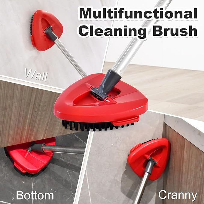 4 Part Stainless Steel Spin Mop Handles, Mop Base & Upgrade Scrub Brush Combo