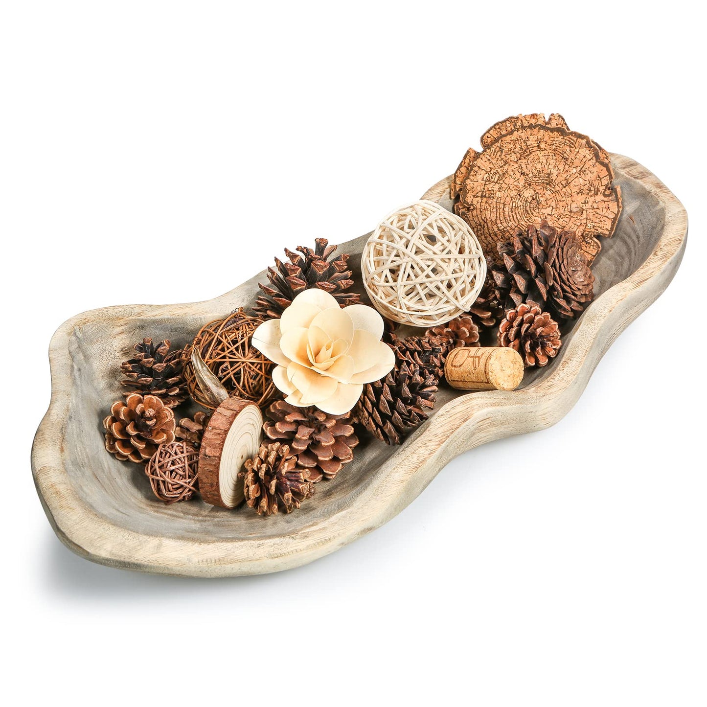 Wavy Live Edge Wooden Dough Bowl for Decor 16"L Medium Natural Root Wood Hand Carved Decorative Wooden Farmhouse Fruit Bowl Handmade, Home Decoration Centerpiece, Table Display Bowl
