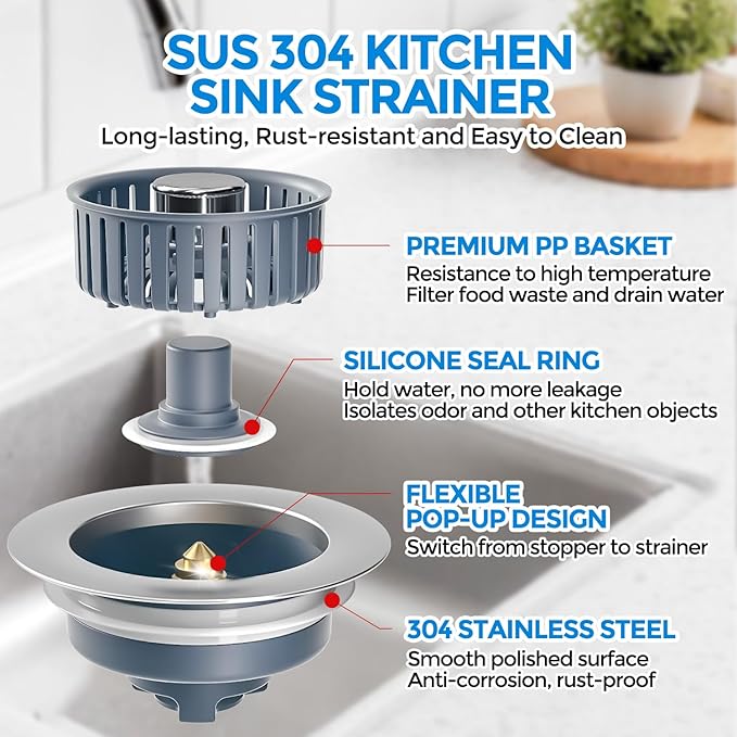 zaa 2 Pack Sink Drain Strainer, Sink Stopper, 3 in 1 Stainless Steel Kitchen