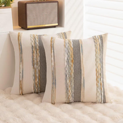 Boho Throw Pillow Covers 18x18 Set of 2 Farmhouse Decorative Cushion Case Striped Square Pillows Cover Chenille Pillow Cases Accent Neutral Pillowcase for Sofa Couch Bed,Sky Blue
