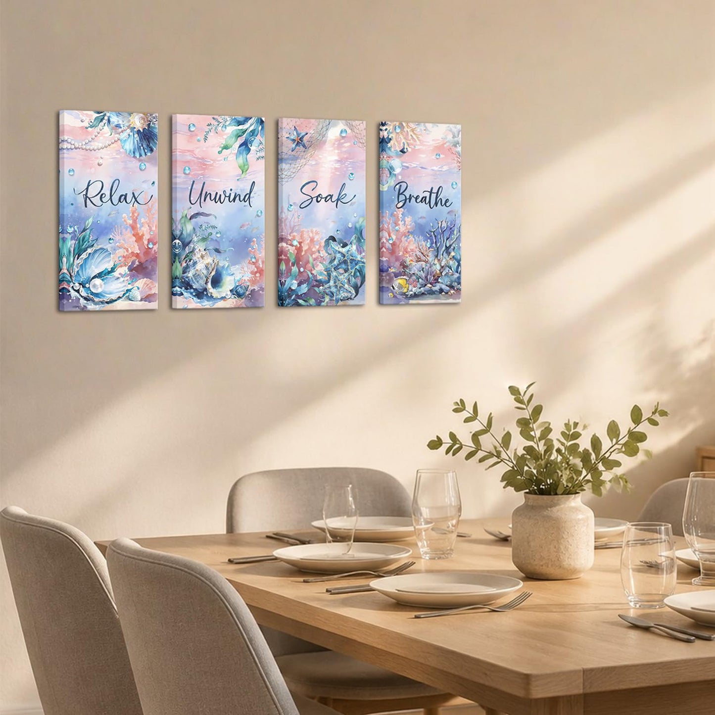 Nachic Wall Relax Unwind Soak Breathe Wall Art, Coastal Nautical Bathroom Canvas Decor, Ocean Seashell Prints for Spa Bedroom 8x12 Inchx4