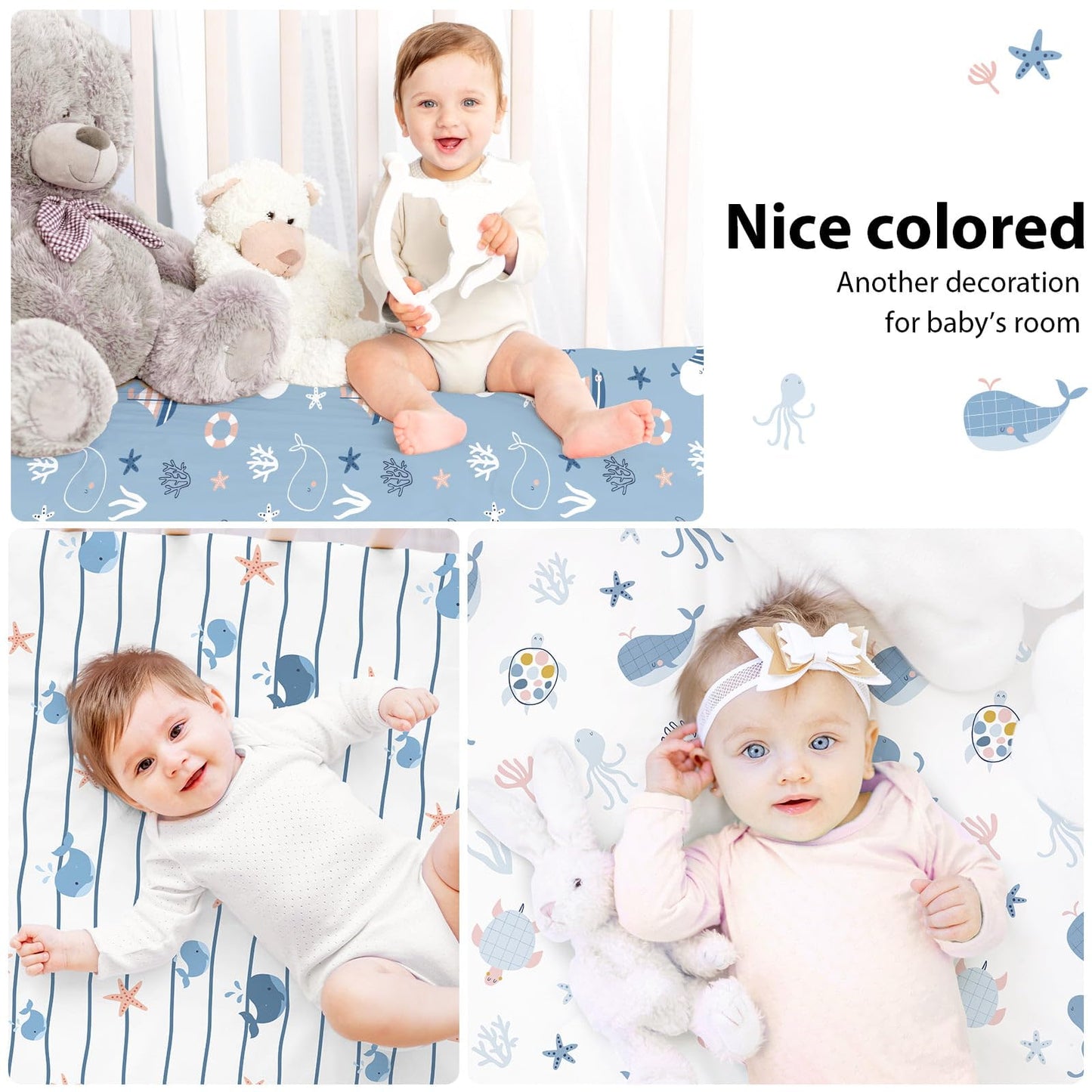 FIEMOL Baby Crib Sheets for Boys and Girls, 3 Pack Toddler Bed Sheets for 52”x28” Standard Toddler Mattresses, Soft Microfiber Fitted Crib Sheets Neutral Blue Ocean Whale