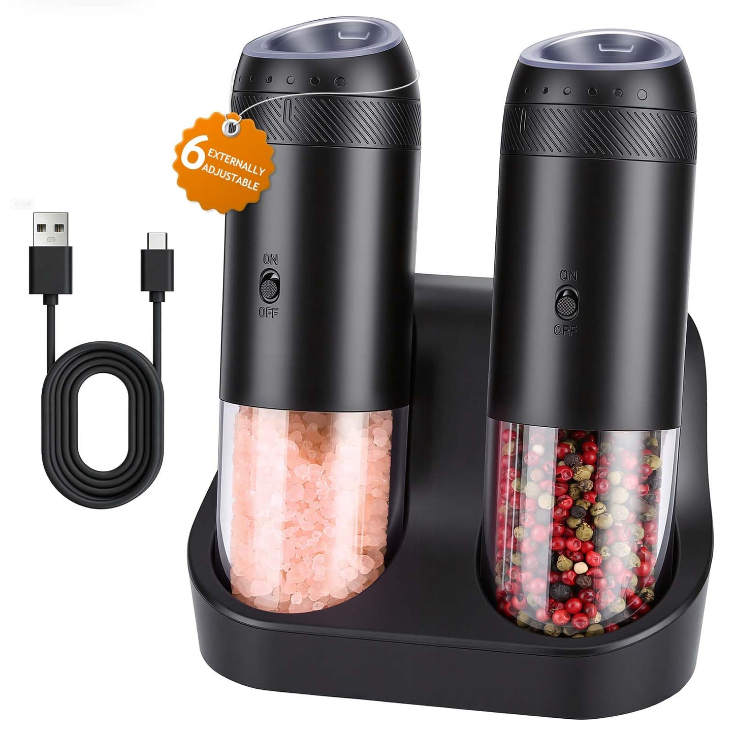 Electric Salt and Pepper Grinder Set, Automatic Gravity Sensor Grinder with Rechargeable Base, External Adjustable Coarseness (6 Levels), LED Light, Automatic Shakers for Kitchen & Outdoor