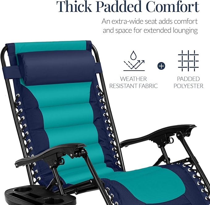 Best Choice Products Oversized Padded Zero Gravity Chair, Folding Outdoor Patio Recliner, XL Anti Gravity Lounger for Backyard w/Headrest, Cup Holder, Side Tray, Polyester Mesh - Navy/Teal