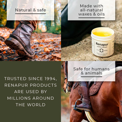 Renapur Leather Balsam, Natural Balm, Conditioner and Restorer (200 ml + Applicator Sponge) — Protector for Leather Sofas, Furniture, Shoes, Bags, Car Seats, Saddlery & Tack (Original)
