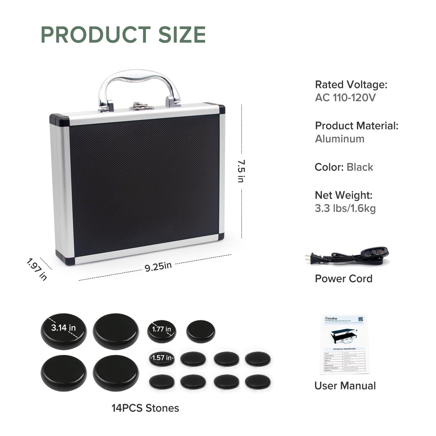 Goodtar Hot Stones Massage Warmer Kit, 14 PCS Hot Stones Massage Set and Heater Kit, Electric Rocks Basalt Stone Massager for Professional Therapy/Home SPA Use 110V (Small Size)