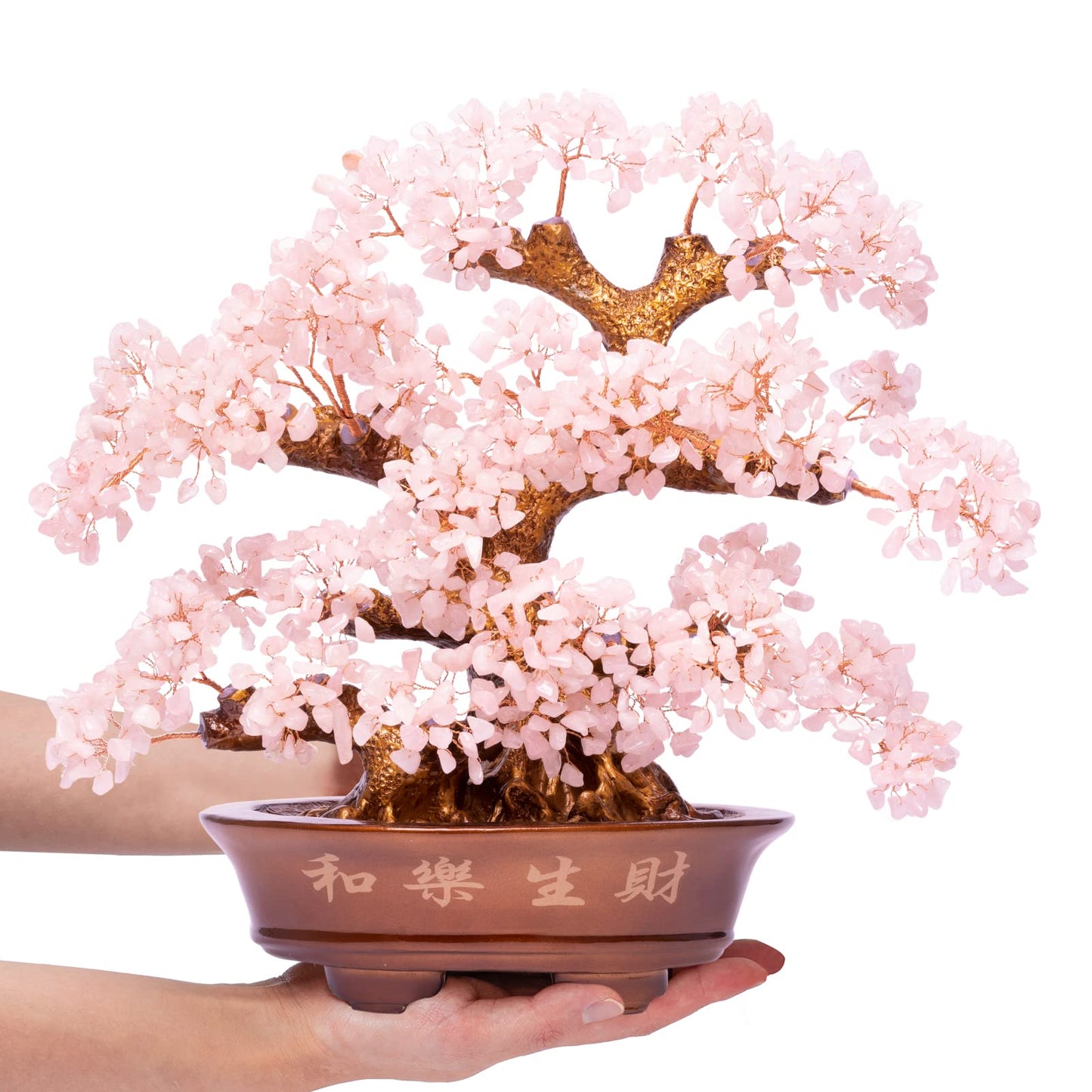 GEMBOURY Natural Rose Quartz Tree Large,14" Chakra Crystal Tree(1,251 Gemstone Count) w/Lucky Coins Chain Healing Properties - Bonsai Feng Shui Money Tree for Love Self Care Home Office Decoration