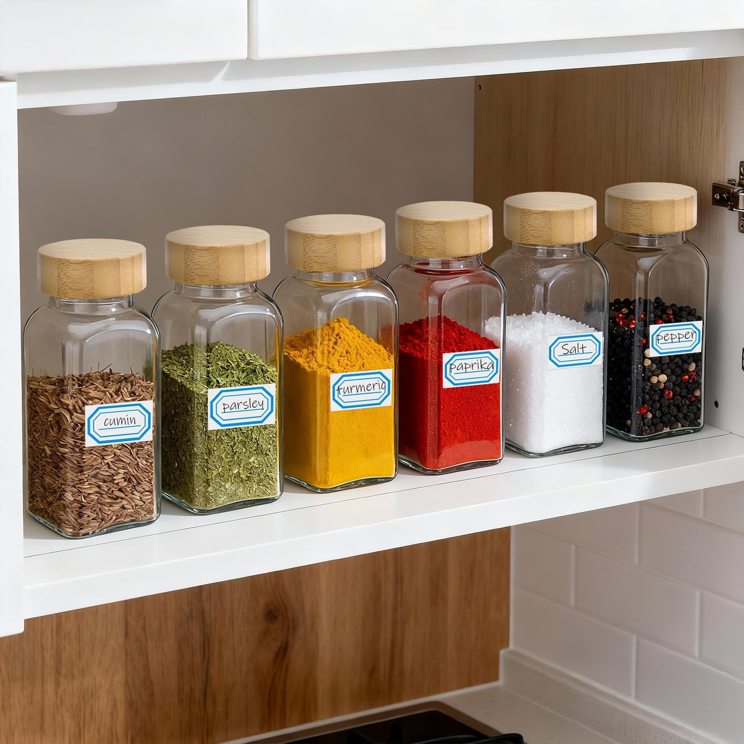 Segarty 6oz Spices Jars with Bamboo Shaker Lids, 2 PCS 180ml Square Spice Containers, Empty Glass Seasoning Organizers for Spices Herbs Storage, Large Salt and Pepper Shakers with 7 Stickers, 1 Brush