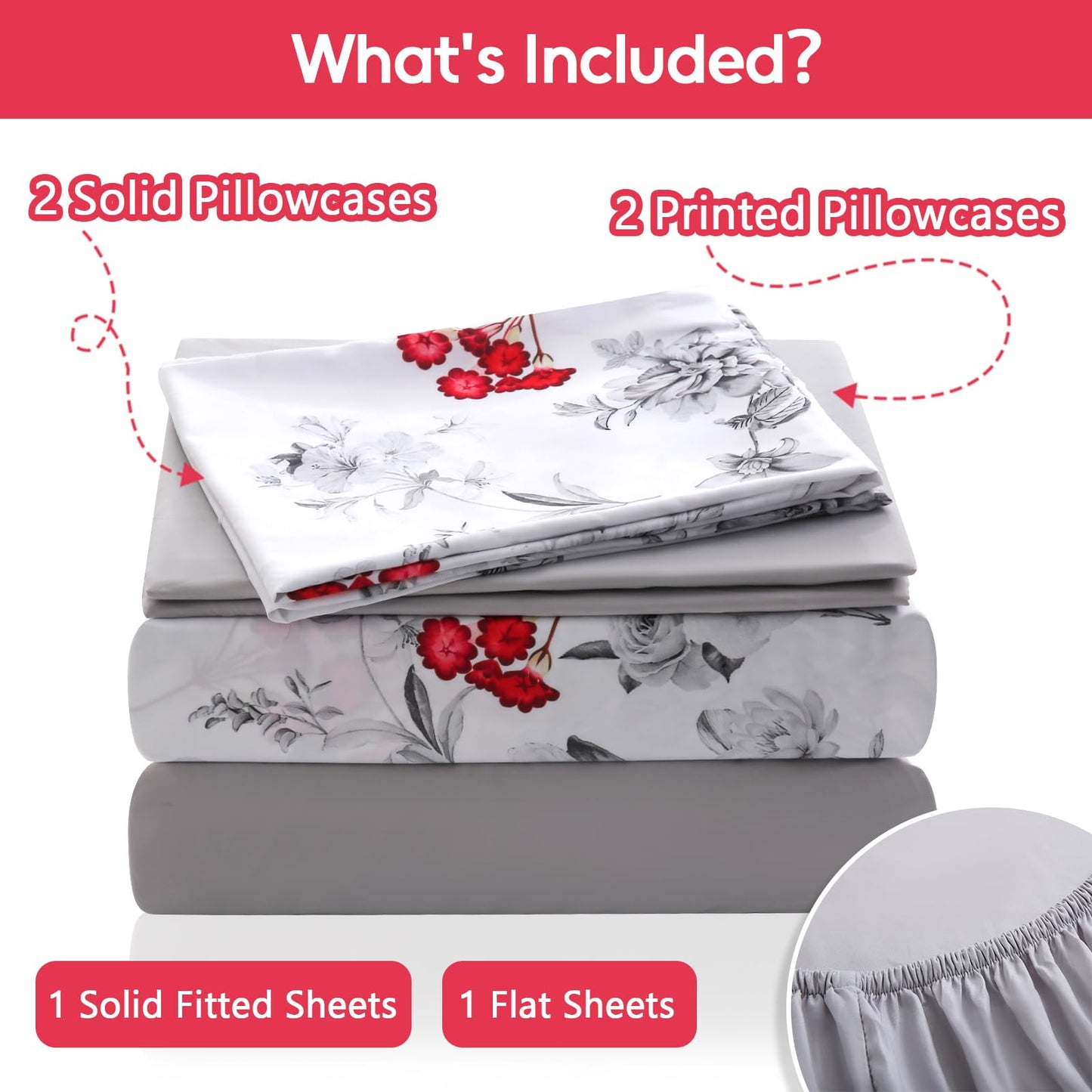 LONAVA Flower King Size 6 Pcs Sheet Set, Breathable Microfiber Deep Pocket White Fitted Sheets, Comfy & Breathable Patterned Flat Sheets,4 Gentle Soft Pillowcases, Gothic Rose