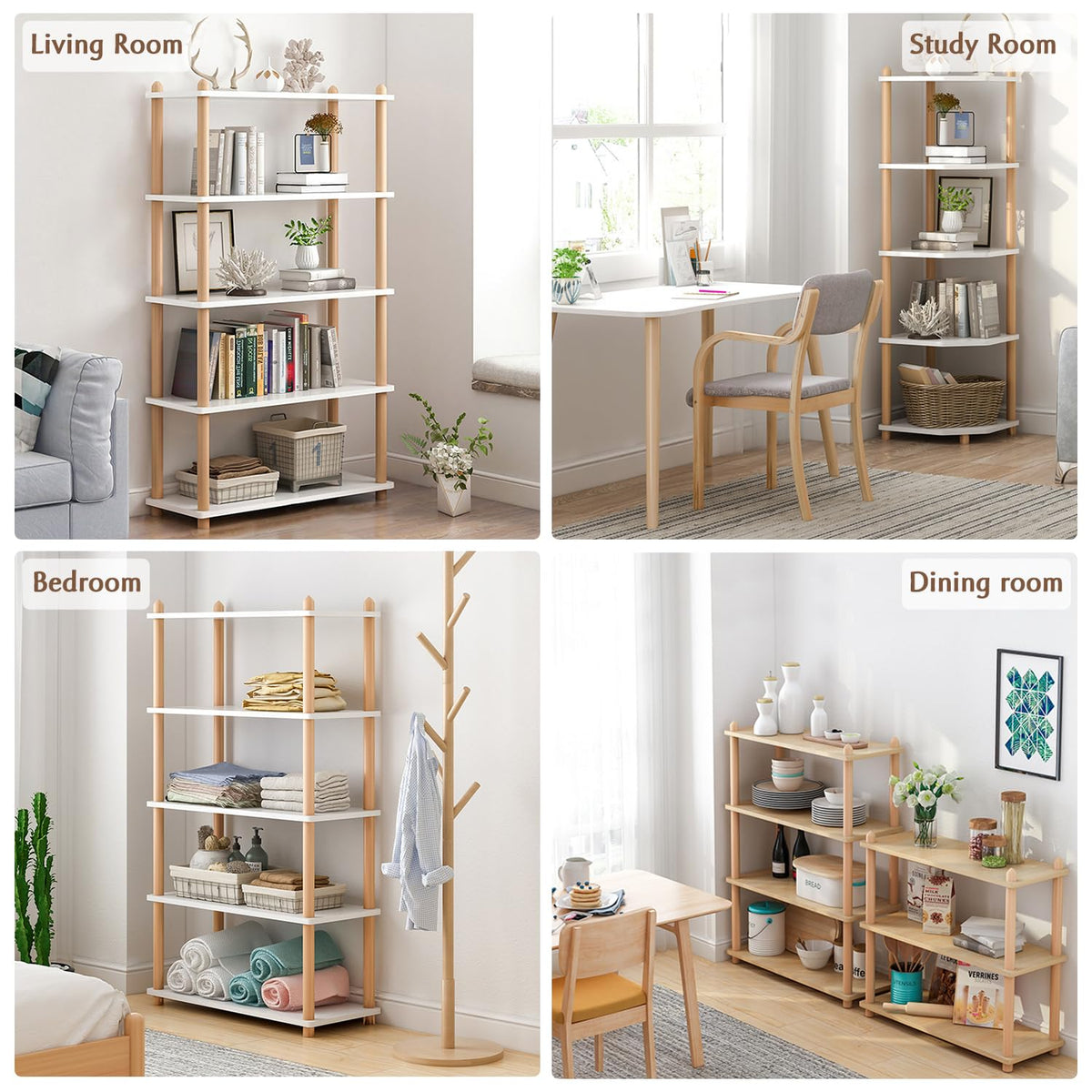 IOTXY 4-Tier Wooden Shelf Bookcase - Modern Open Bookshelf, Free Standing Storage Rack, Multifunctional Display Stand for Home and Office, White, Rectangle