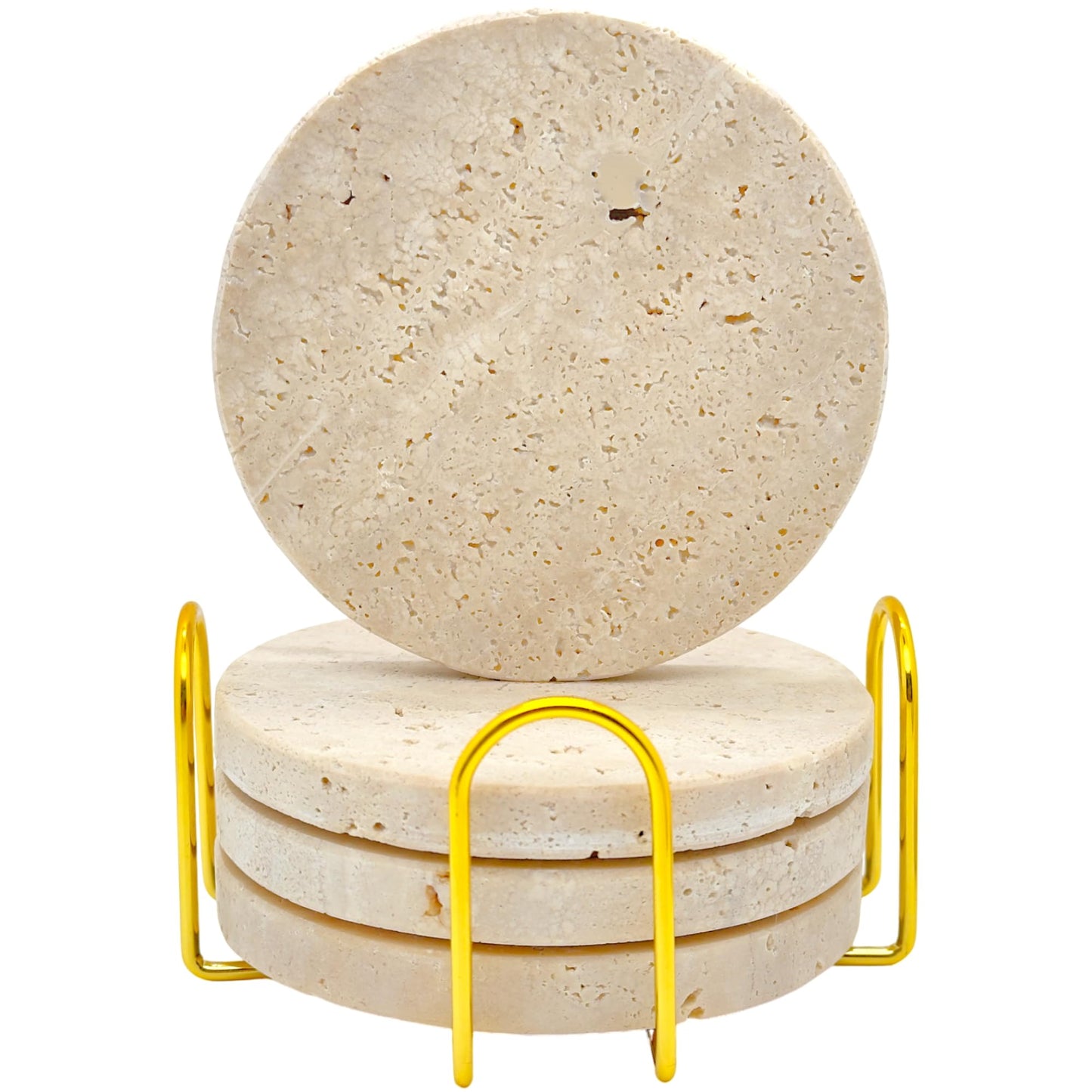 Natural Elegant Set of 4 Round Travertine Stone Coasters with Cork Backing - Absorbent Drink Coasters for Home and Office