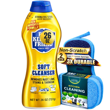 Bar_Keeper_Friend Soft Cleanser (26 oz) + 2 Dual-Sided Non-Scratch Scrubbing Sponge | Multipurpose Cleaning Kit for Kitchen, Cookware & Stainless Steel | ULTIMATE CLEANING KIT