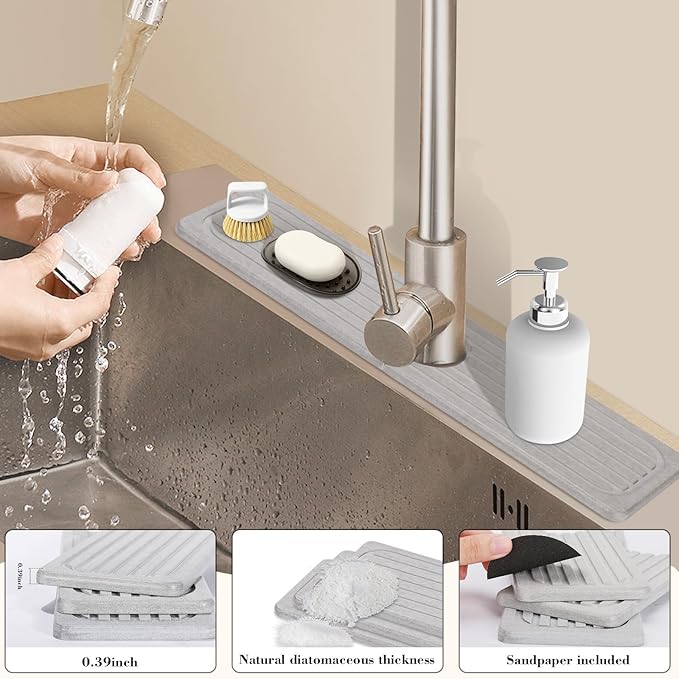 Stone Faucet Mat for Kitchen Sink, 23.6" Diatomite Drying Stone Kitchen Sink