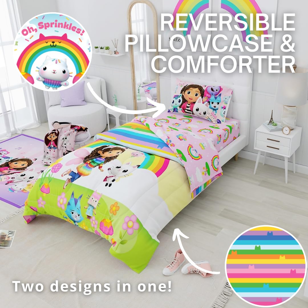 DreamWorks Gabby's Dollhouse Cakey, Mercat and Pandy Kids Bedding Super Soft Comforter and Sheet Set, 4 Piece Twin Size, (Official Licensed Product) by Franco