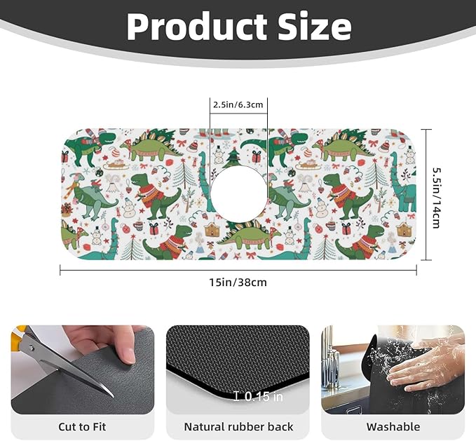Dinosaur Christmas Happy New Year Kitchen Sink Splash Guard Faucet Mat Super
