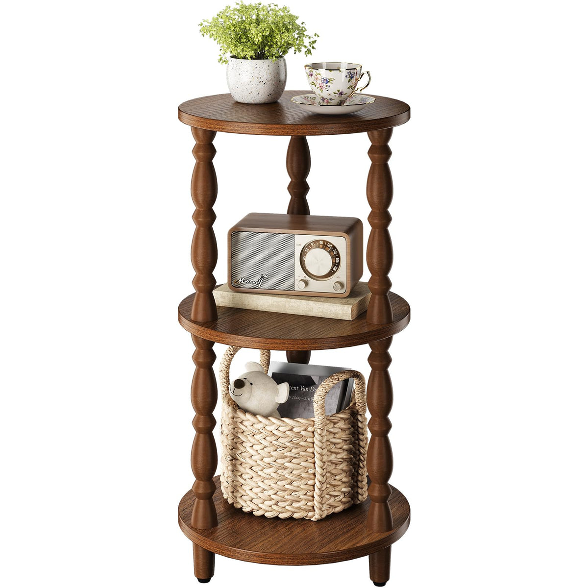 Yoobure Small Round Side Table - 3-Tier End Table with Storage Shelf, Narrow Bedside Table Nightstand for Bedroom, Accent End Tables Living Room, Wood Side Tables for Small Spaces, Office, Walnut
