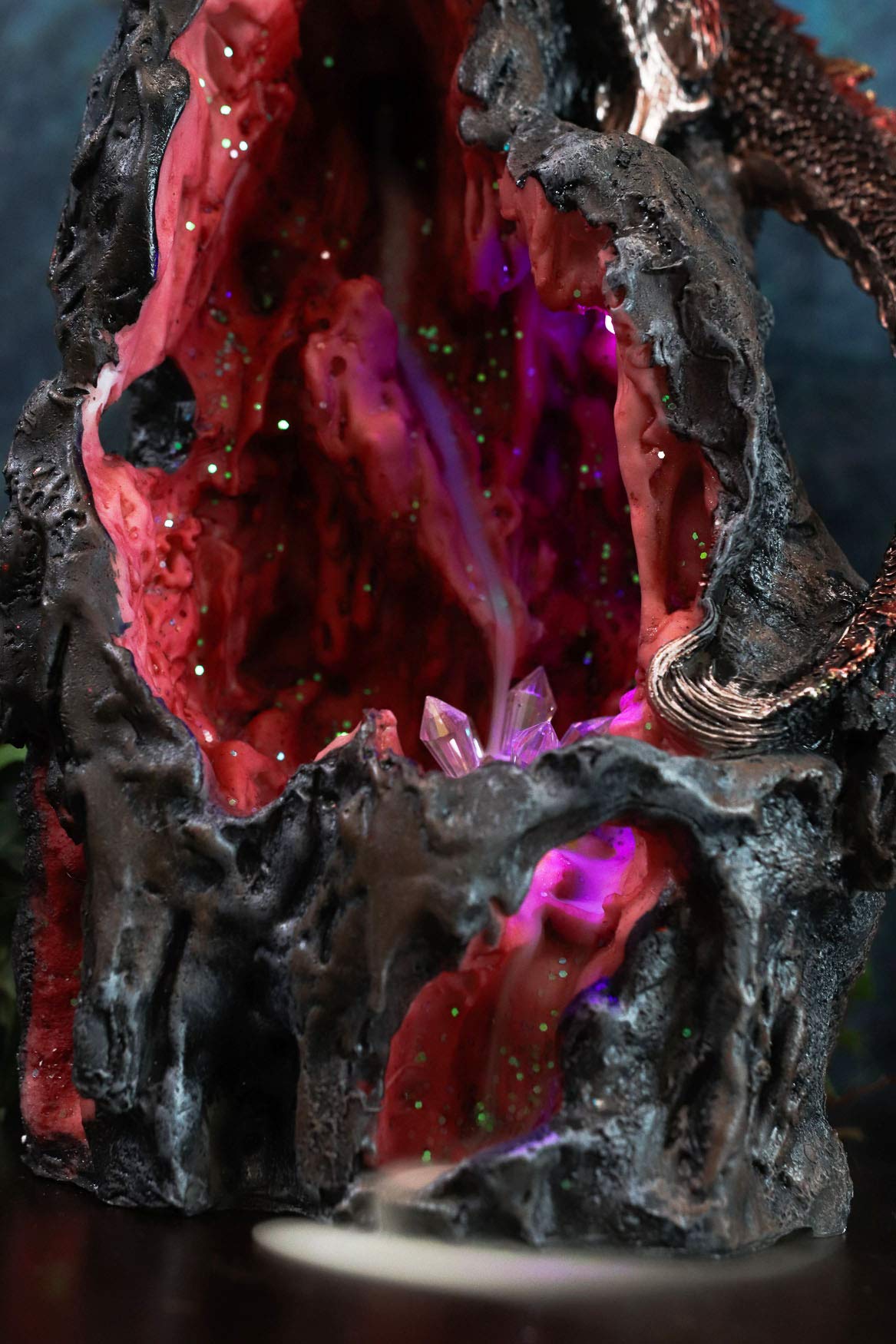 Ebros Red Ember Sapphire Quartz Dragon On Gemstone Geode Cave Mountain Statue 13" Tall with Backflow Incense Burner and Colorful LED Light Crystals Feature Fantasy Dungeons Dragons Decor Figurine