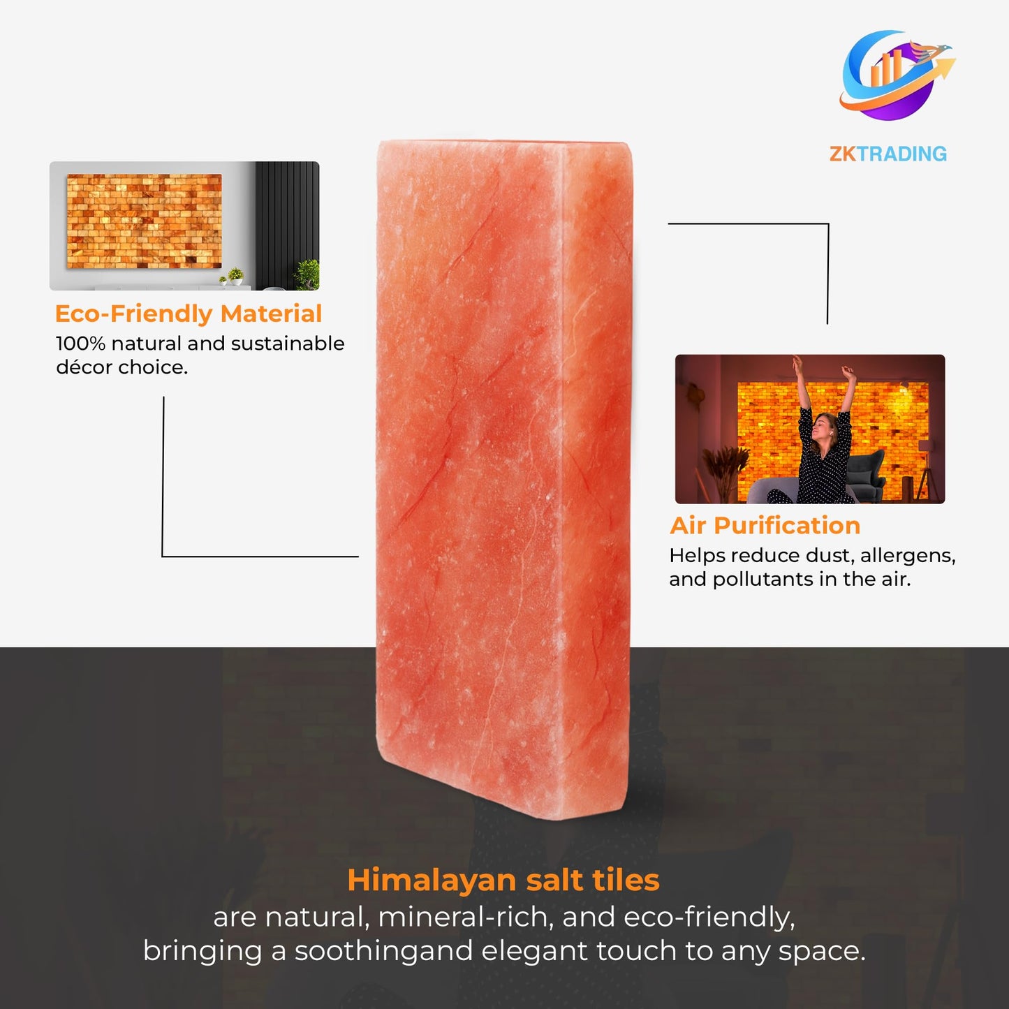 ZK Himalayan Salt Tiles 8"x4"x1" – Pack of 4 Natural Pink Salt Bricks for Sauna Walls, Salt Blocks of 2.5 lbs for Spa Rooms, Backlit Salt Walls & DIY Wellness Décor