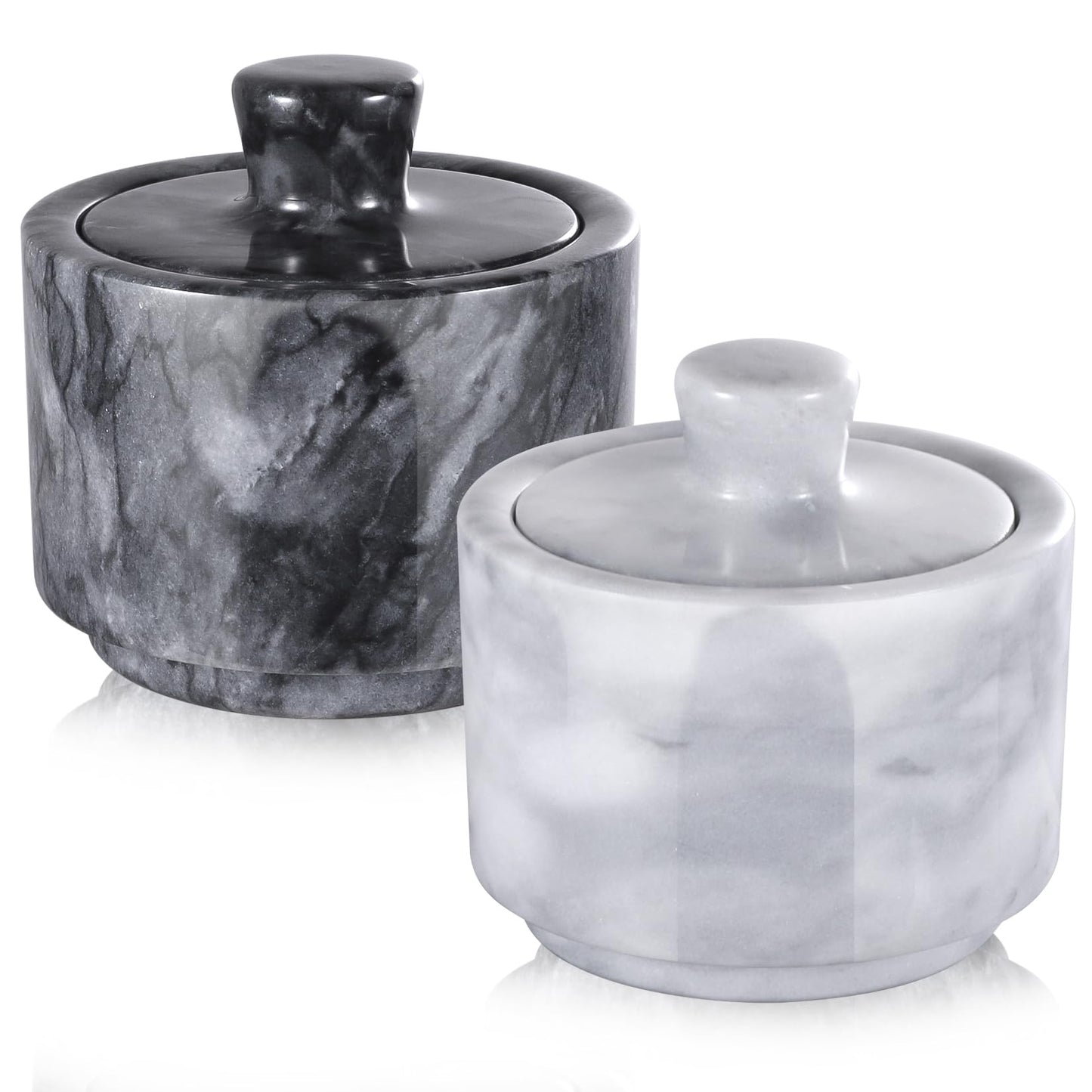RingsTown 2PCS Natural Marble salt holder with lid, 3.2 in, Unique Veining, Airtight Seal for Salt & Pepper, Ideal for Spice Racks & Countertops(Black & White)