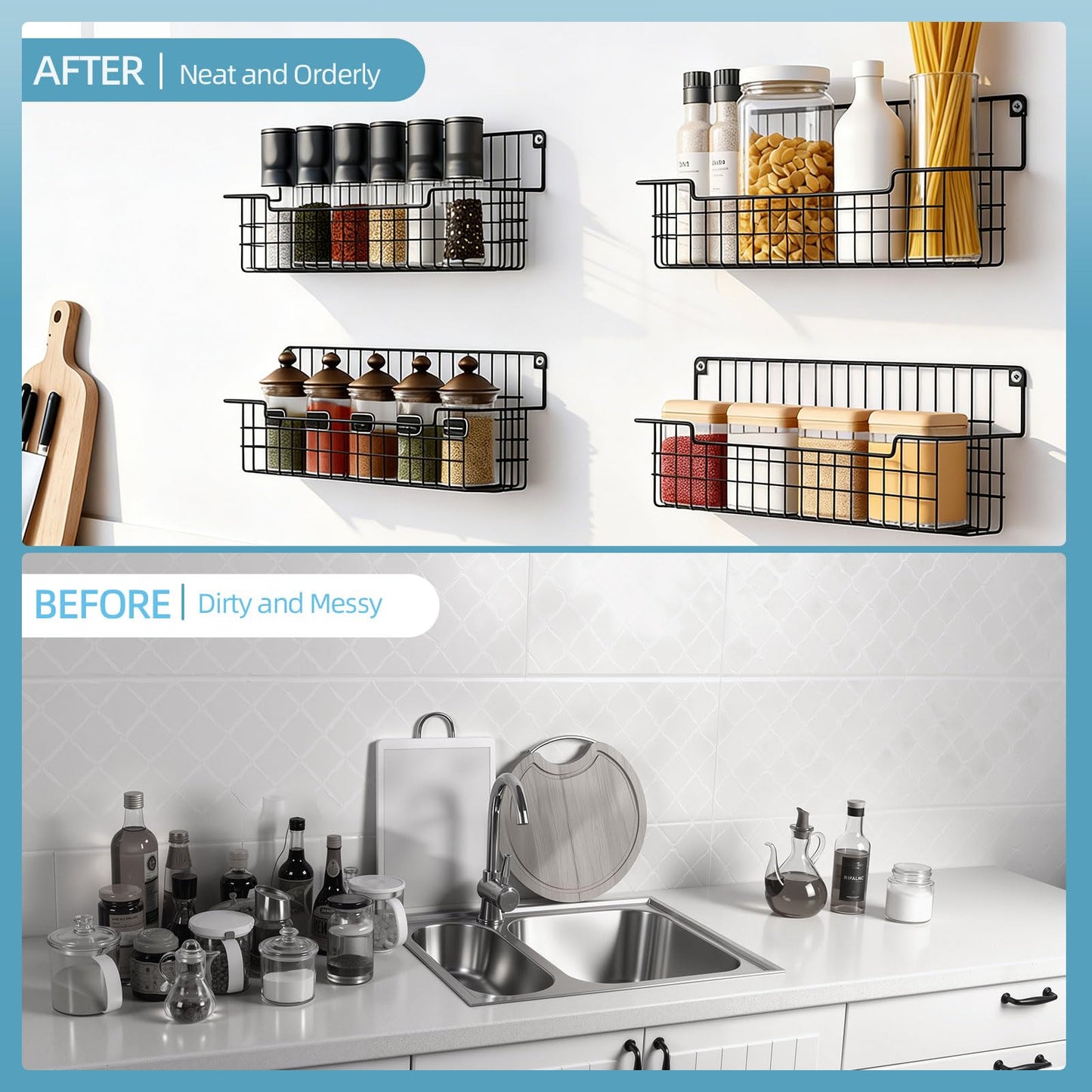 AURIKAR Spice Rack Wall Mount, Spice Organizer for Cabinet & Pantry Door, Set of 4 Hanging Spice Rack Saving Space for Kitchen, Black