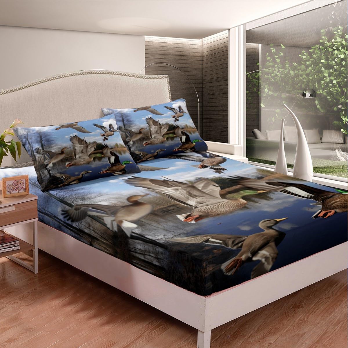 Erosebridal Duck Hunting Sheet Set for Teens Youth,Mallard Duck Bed Sheets Full Size,Nature Landscape Bedding Set Bedroom Decor,Woodland Farmhouse Animal Fitted Sheet + Flat Sheet + 2 Pillow Shams