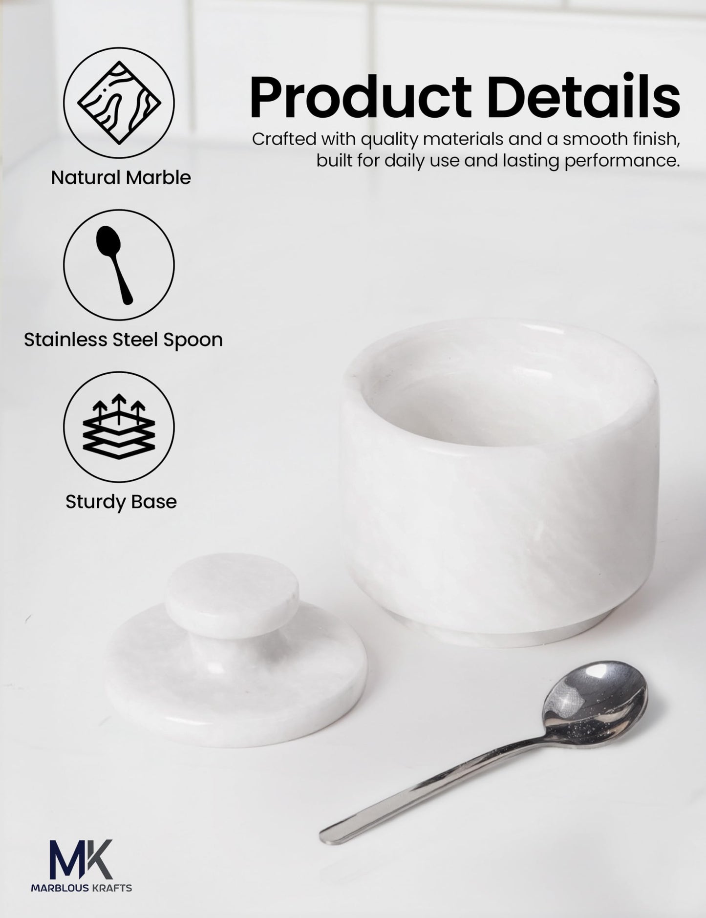 MARBLOUS KRAFTS Marble Salt Cellar with Lid & Spoon 3" White Small Flaky Salt Container, Seasoning Jar, Spice Storage Countertop, Ideal For Salt Box, Sugar Jar Kitchen Décor, Gift for Mom