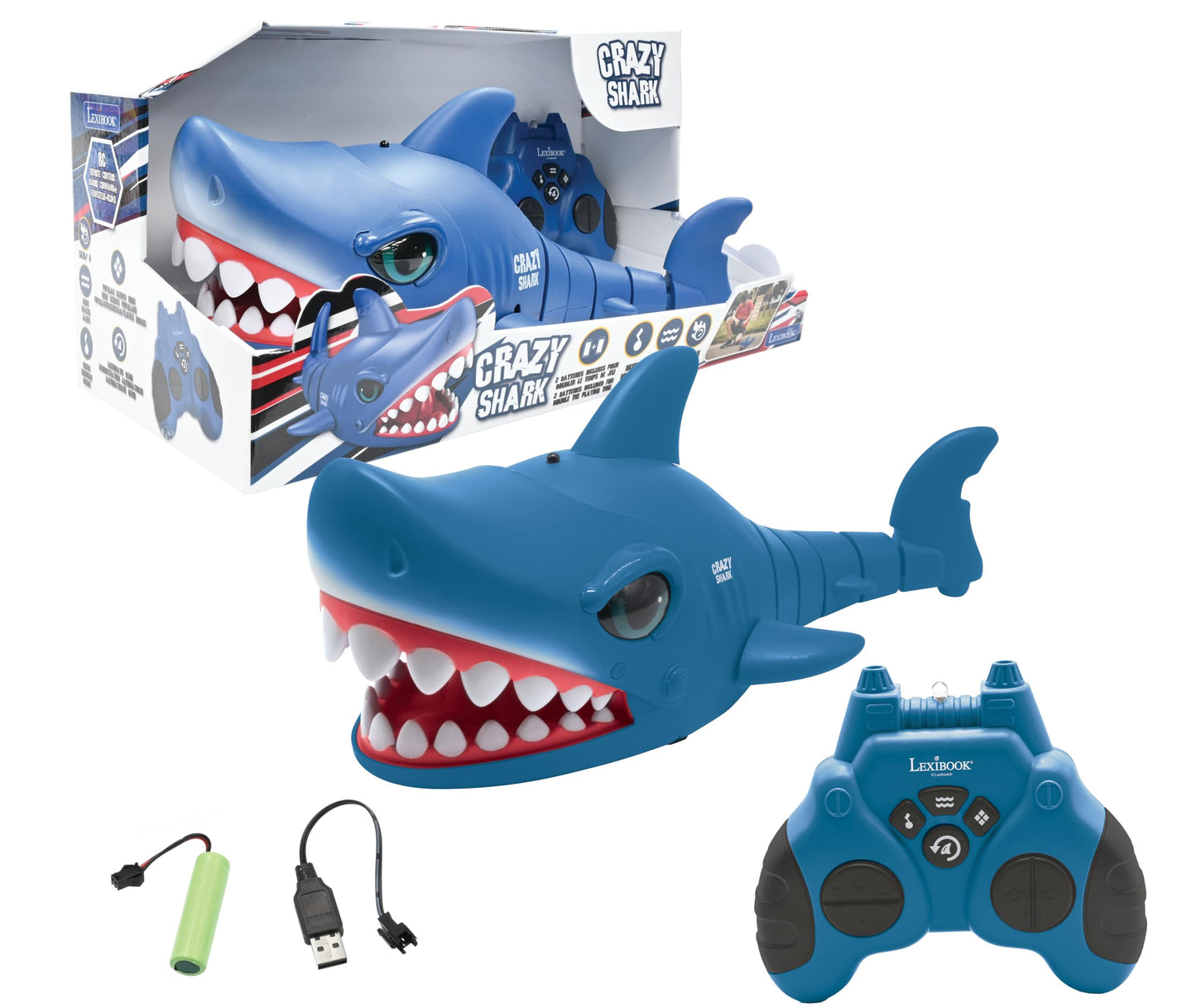 LEXIBOOK - Crazy Shark - Remote Control Shark, Up to 5 km/h (3mph), Automatic hunt and dance modes, programmable, Music effects, Blue, SHARK01