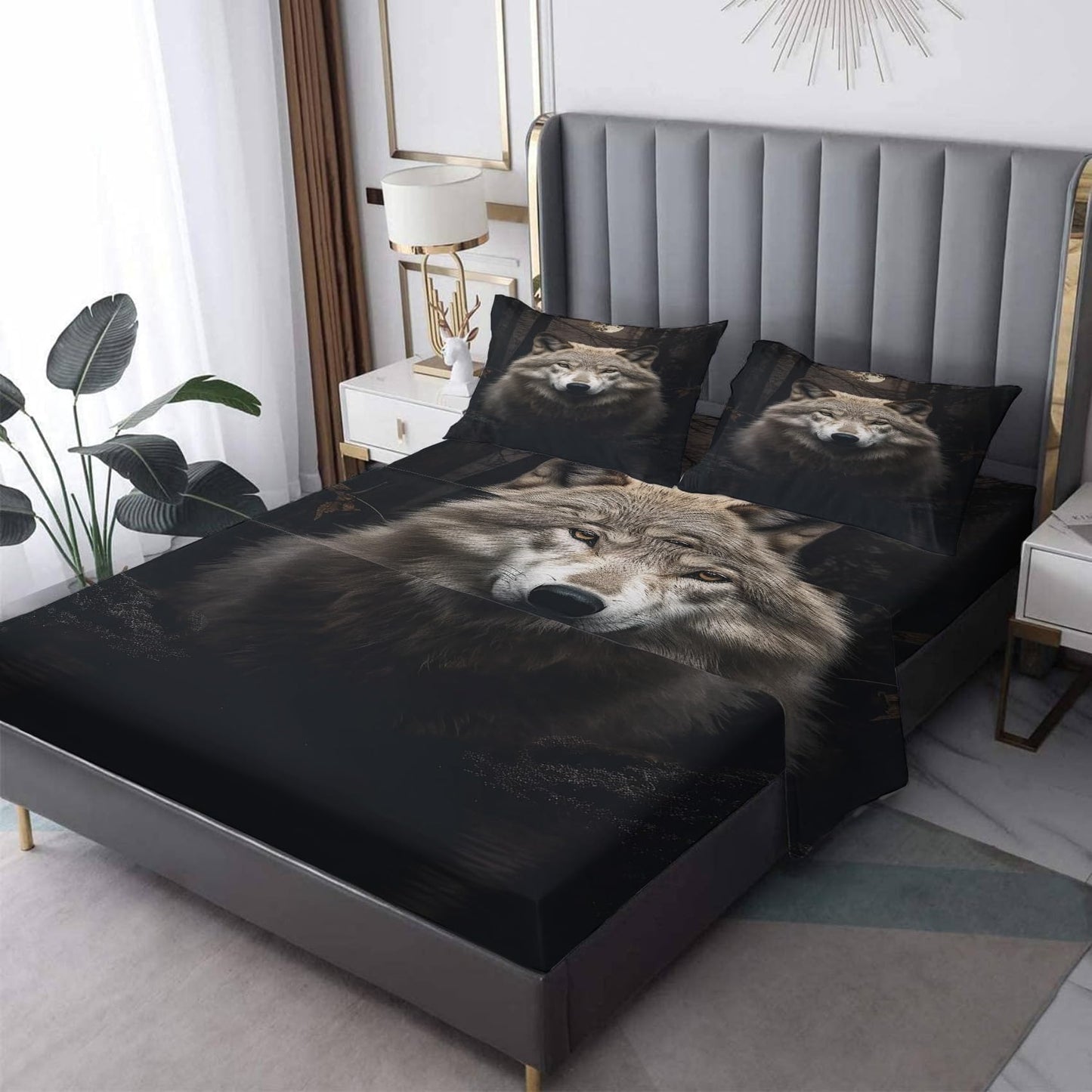 zcsm King Size Sheets Set - Wolf Bed Sheets, Wild Animal Bedding Sheets & Pillowcases, Soft Microfiber & Deep Pocket & Wrinkle Free Patterned Sheet Set, 1 Fitted Sheet, 1 Flat Sheet, 2 Pillow Cases