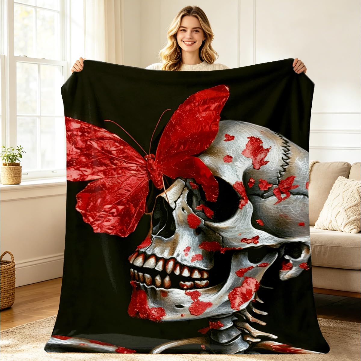 HUNXIAOJ Skull Butterfly Blanket Gifts Red Gothic Decor Butterfly Skeleton Throw Blanket Soft Flannel Skull Bedding for Couch Bed Living Room Home Halloween Decor 49"x59"