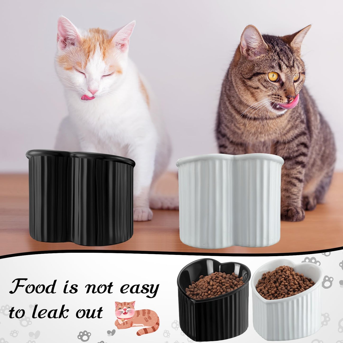 Mumufy 2 Pcs Ceramic Elevated Cat Bowls Tilted Elevated Raised Pet Bowls Anti Vomit Cat Dish for Indoor Stress Free Water Dish Feeder for Puppies, Heart Shaped(Pearly White, Black)