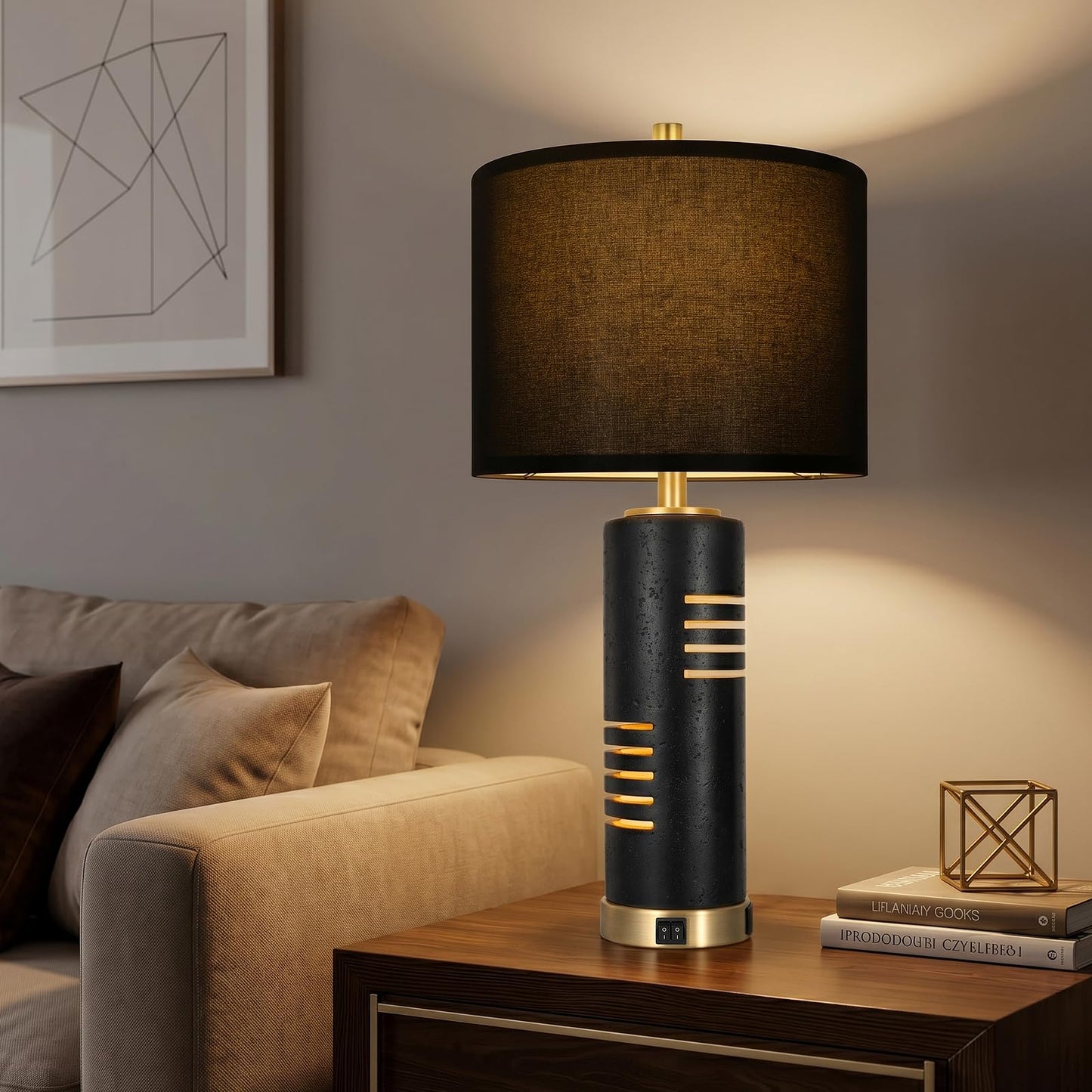 KIVDITZO 27.5" Faux Stone Table Lamps Set of 2, Farmhouse Table Lamps for Living Room with Night Light & USB A+C Ports, Black Lamps with Faux Silk Shade for Bedroom Nightstand Office (Bulb Included)