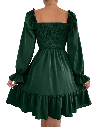 Ekaliy Women's Casual A line Dress Knee Length Puff Sleeves Smocked Elegant Homecoming Dress Green M