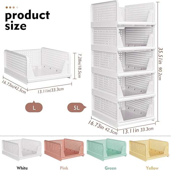 SNSLXH 5 Pack Stackable Closet Storage Basket, Space-Saving Clothes Storage